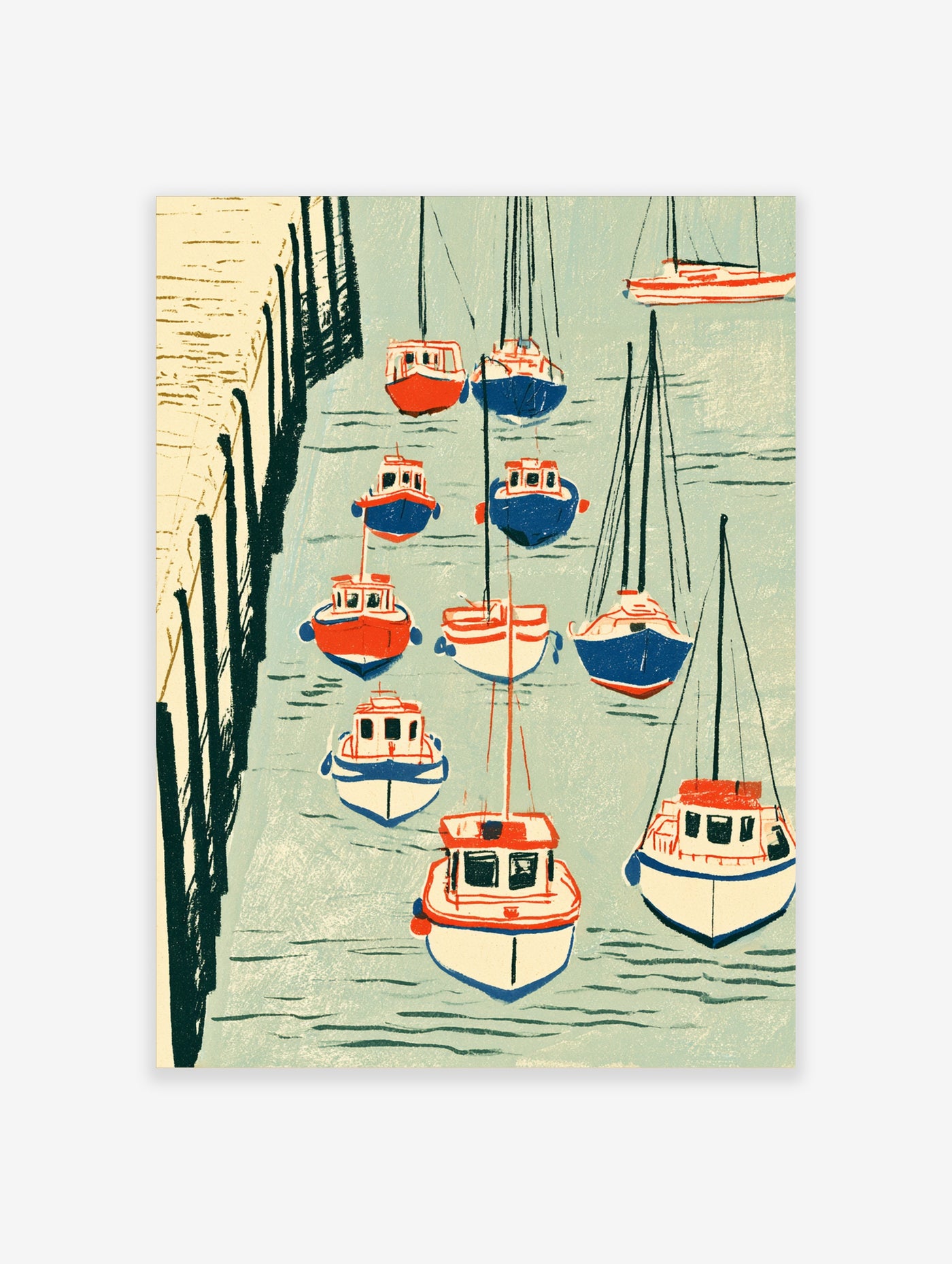 Illustrative harbour wall art print featuring red and blue boats moored at a wooden jetty on a blue water background