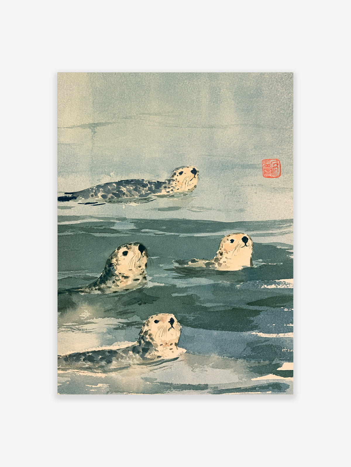 Japanese watercolour harbour seal art print with four spotted seals swimming in blue-grey water and a red seal stamp
