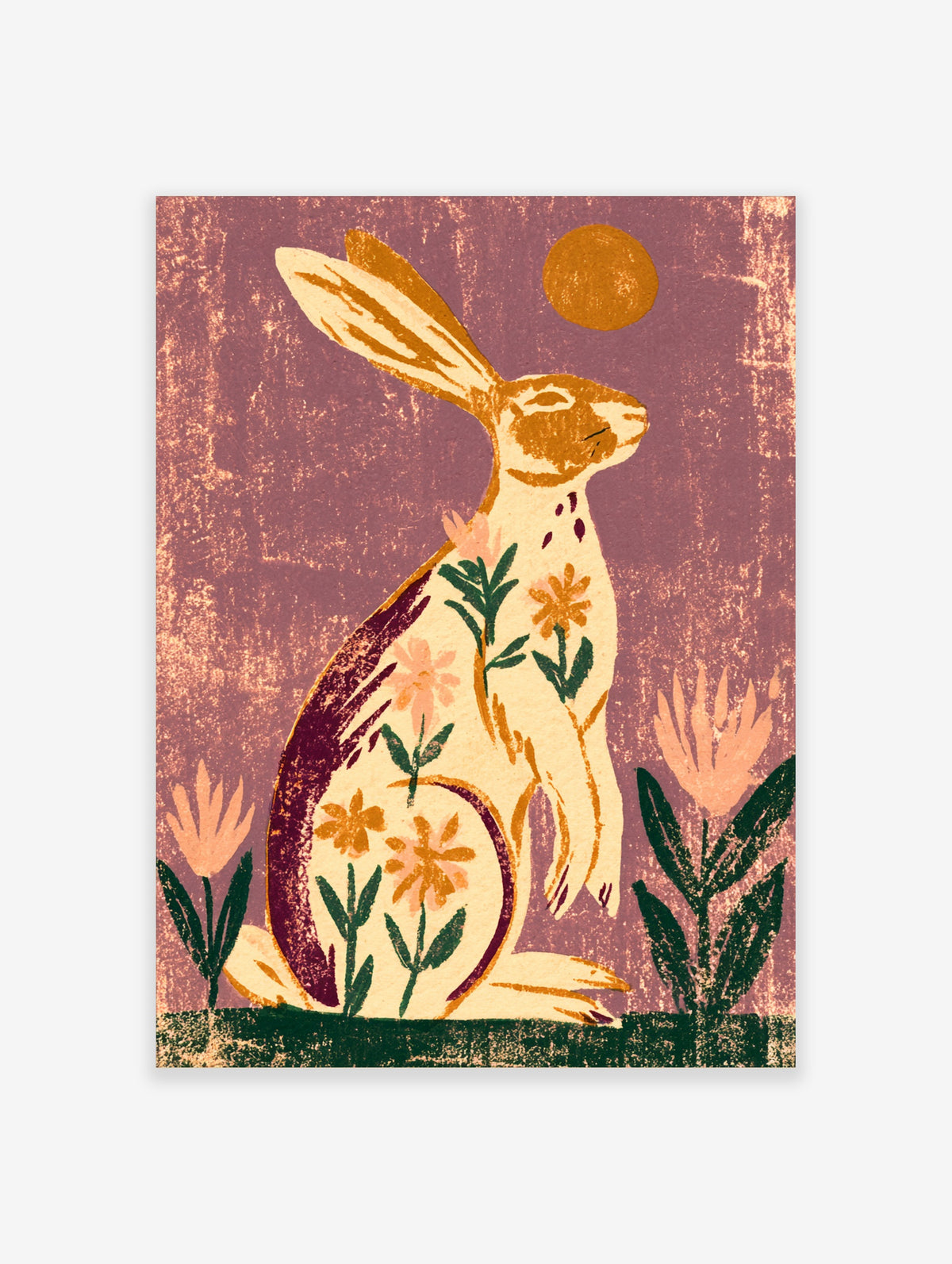 Hare sitting among stylised flowers beneath a golden moon on a textured purple background art print