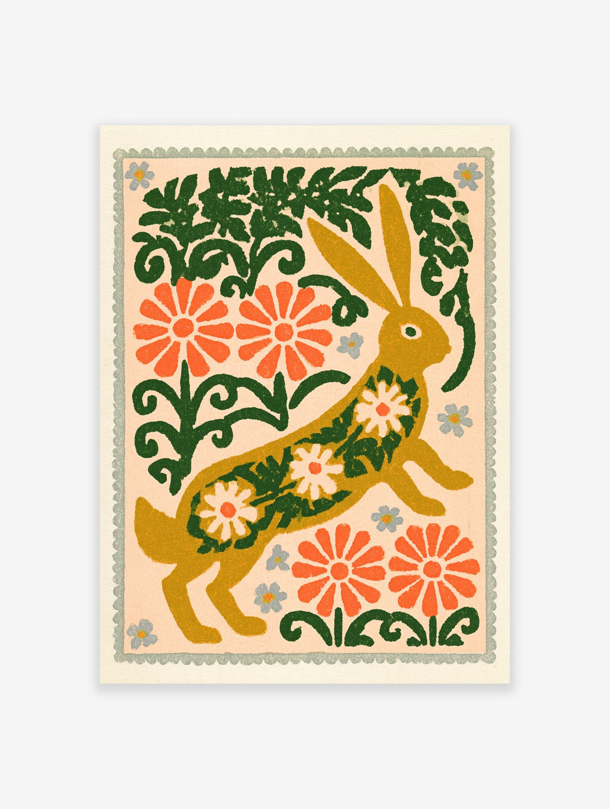 A folk-art style hare print with daisy patterns, orange flowers, and green leaves on a cream background