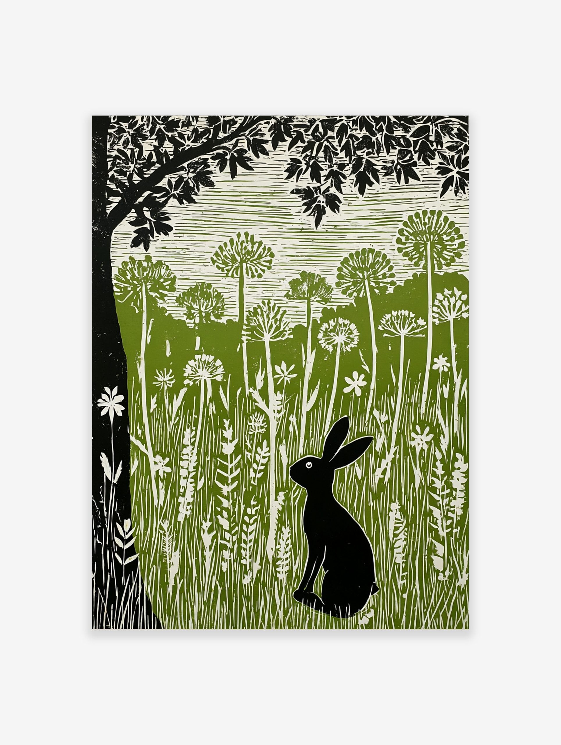 Linocut print of a black hare in a green meadow with tall white wildflowers and a large black tree