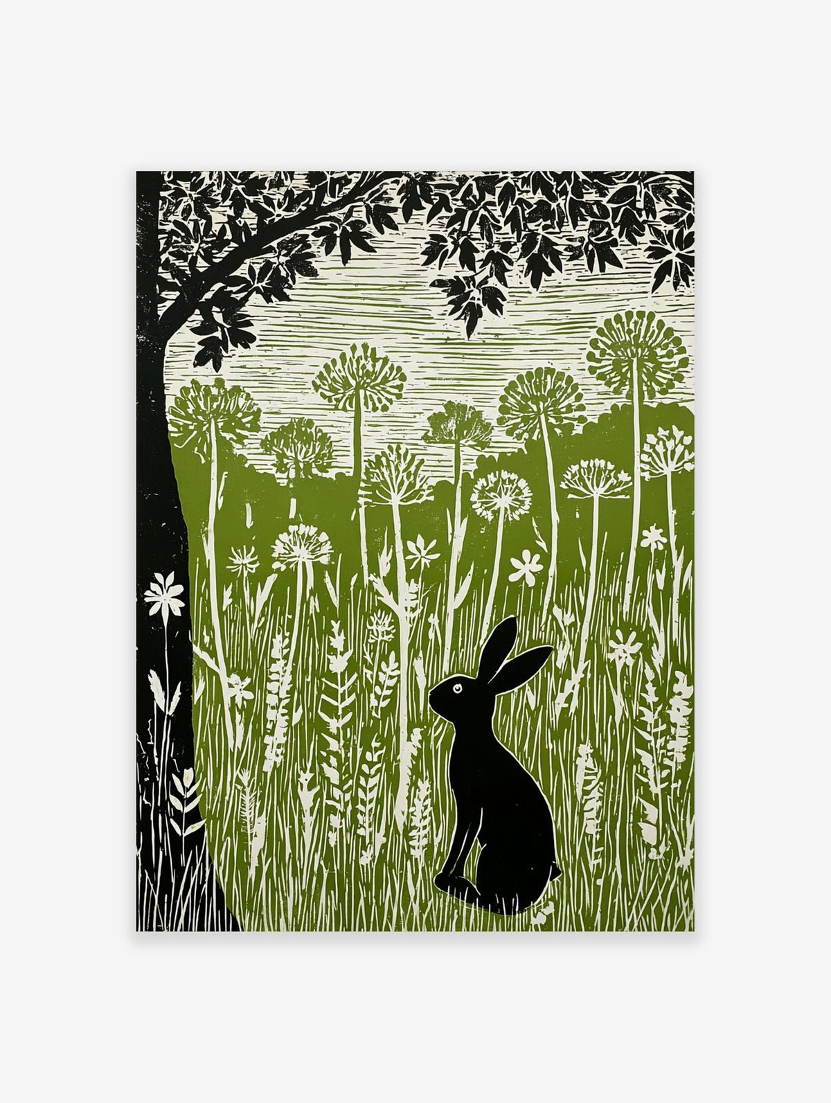 Linocut print of a black hare in a green meadow with tall white wildflowers and a large black tree
