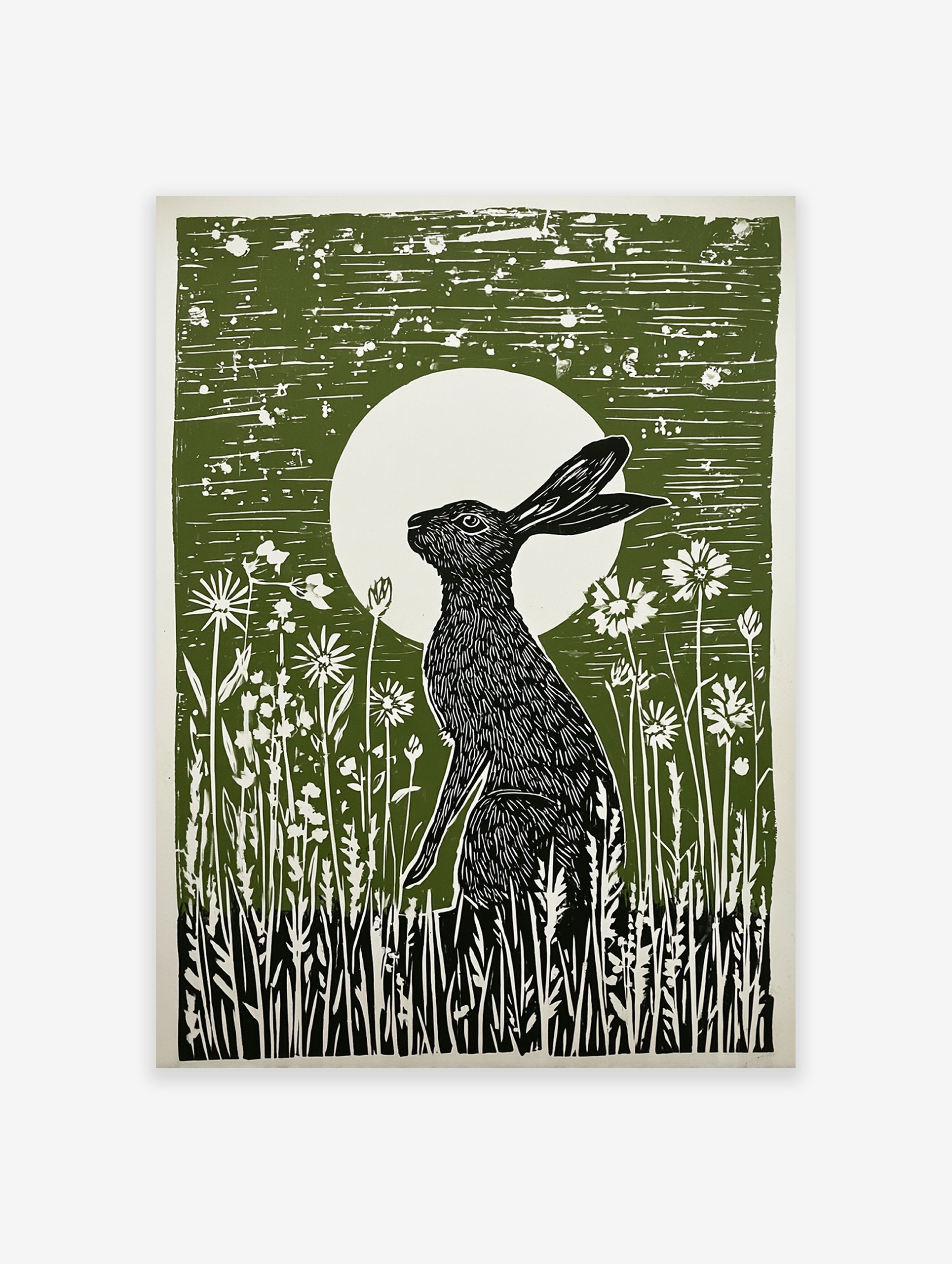 Green linocut print of a black hare sitting in wildflowers under a full moon, capturing a serene nocturnal scene.