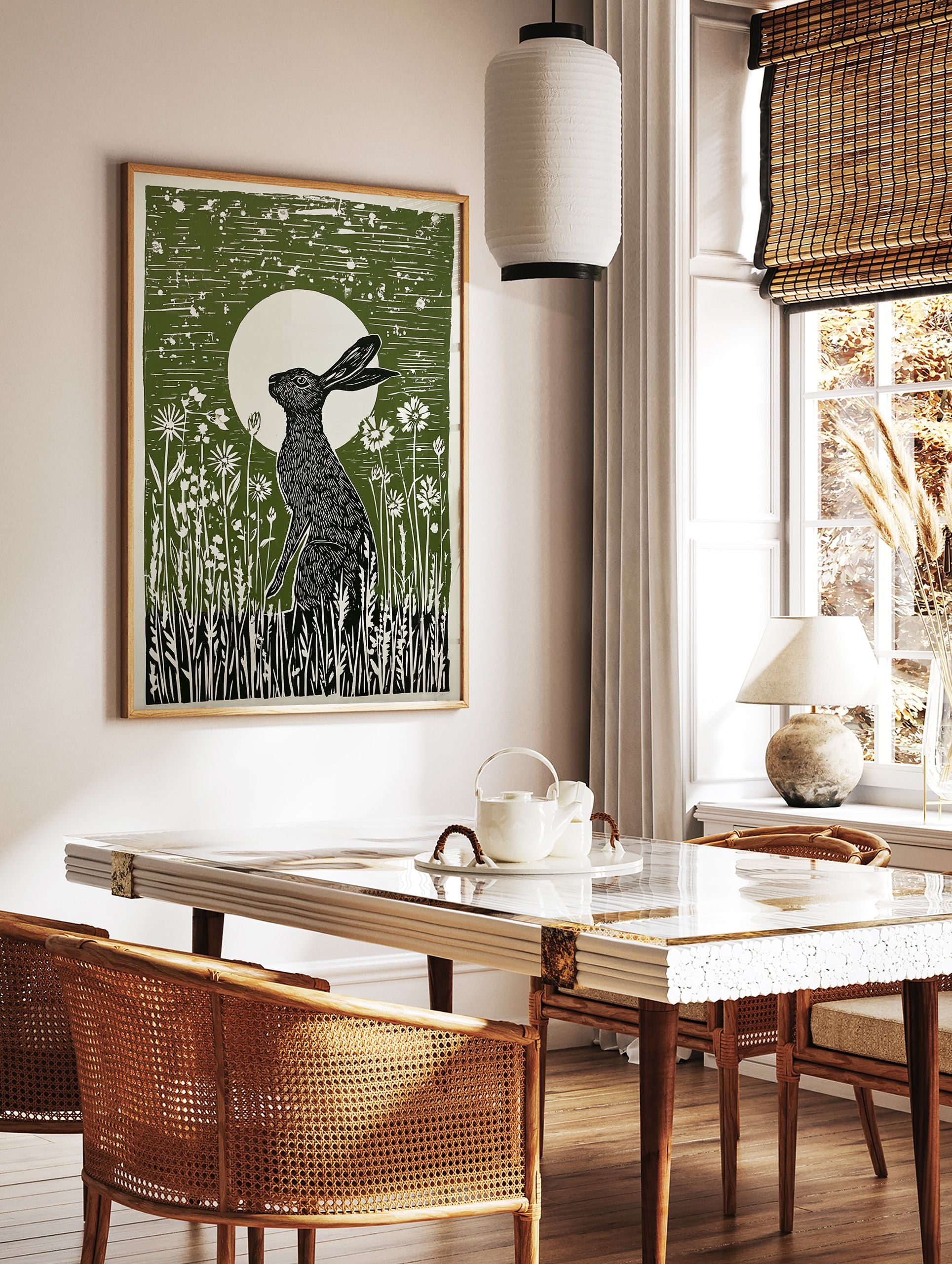 Green linocut print of a black hare sitting in wildflowers under a full moon, capturing a serene nocturnal scene. - Image 3