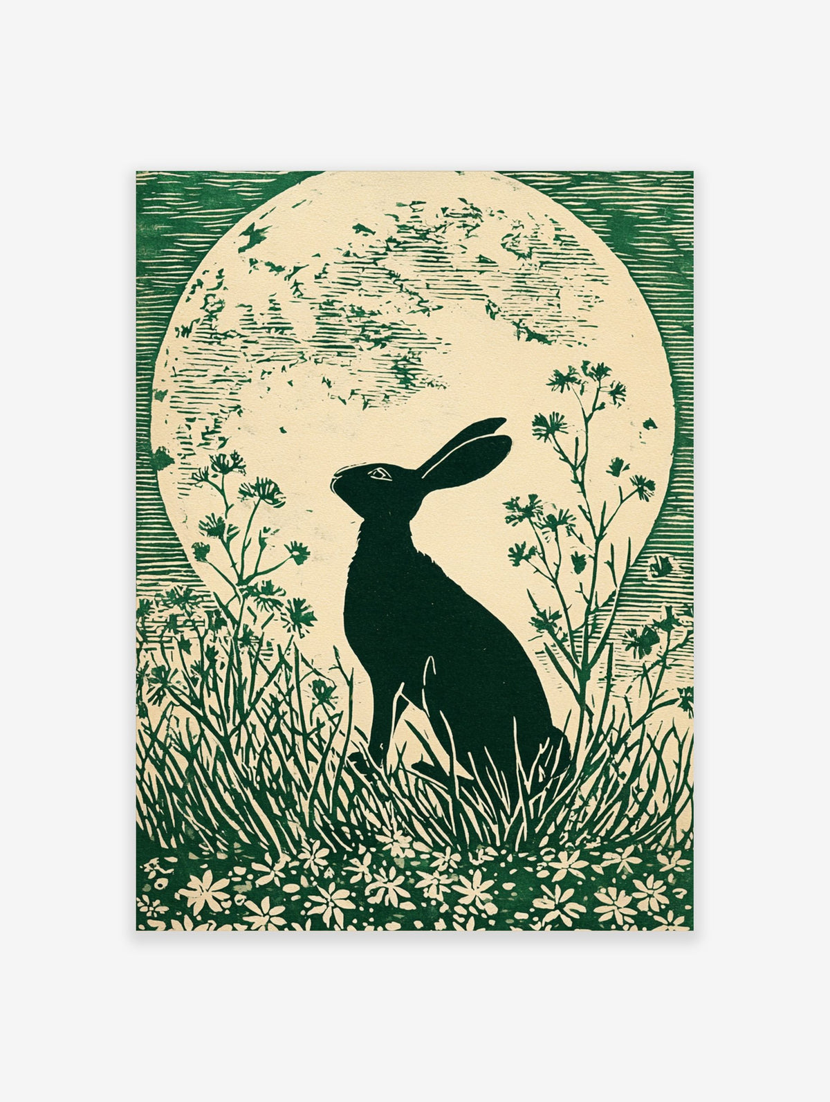 Green linocut print of a hare in silhouette looking at a large full moon, surrounded by grass and wildflowers