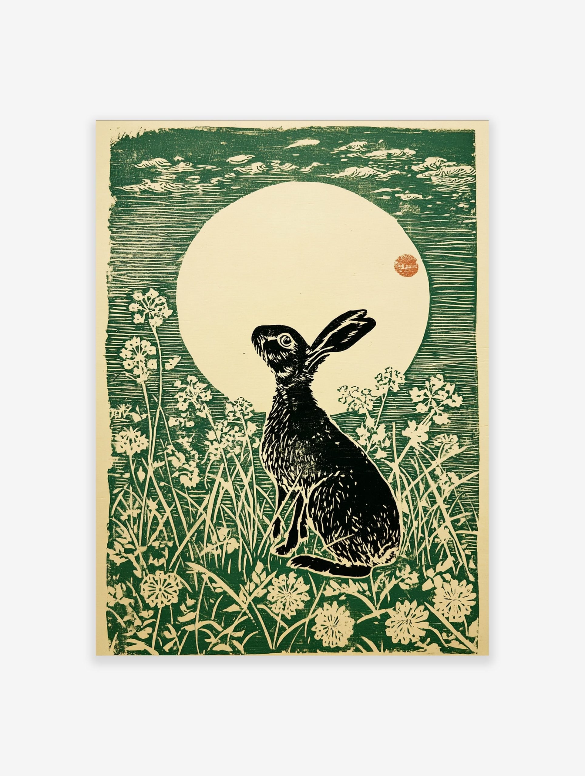 Woodcut print of a black hare looking up at a large cream moon with green sky and white flowers