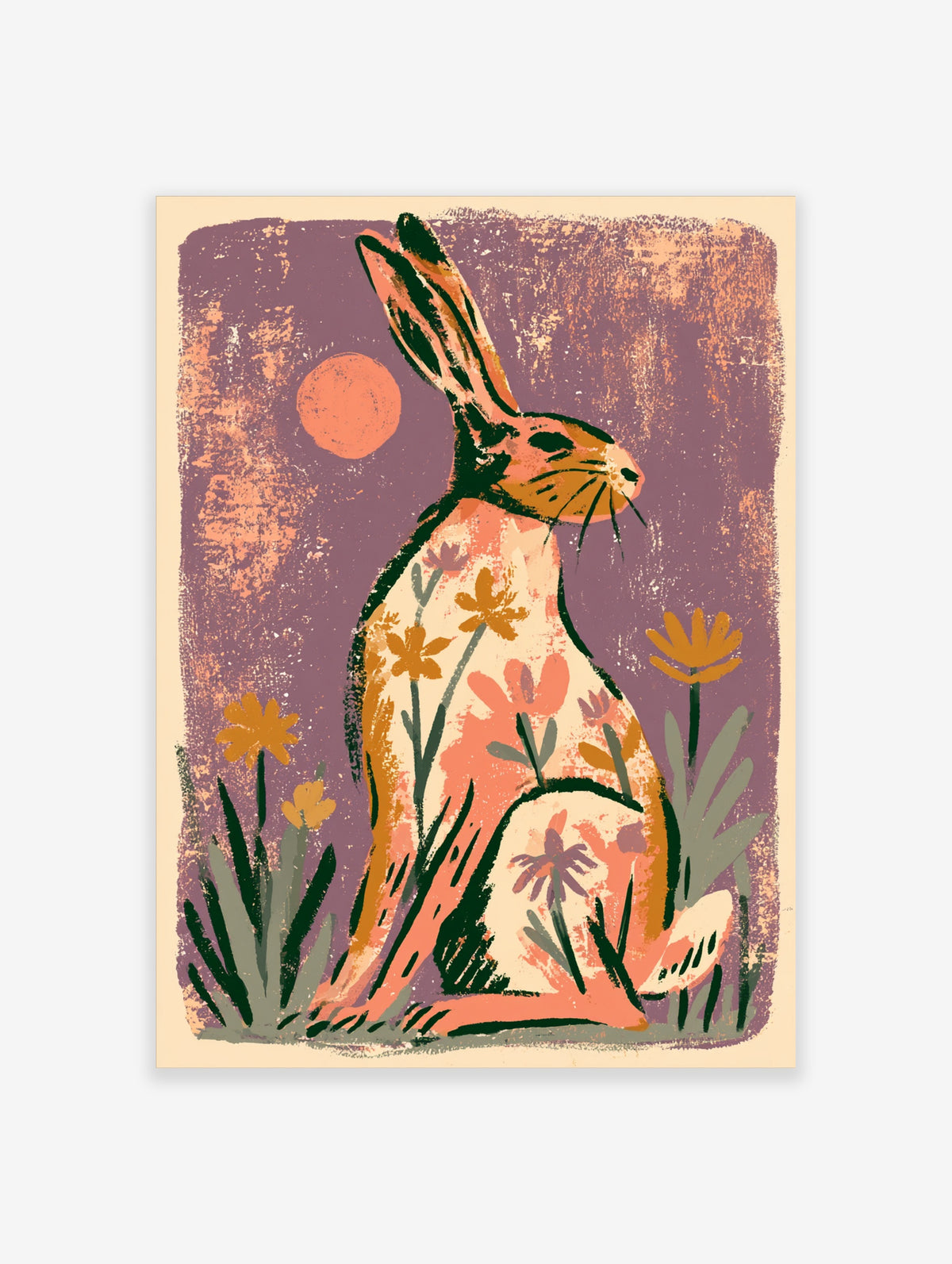 Hare art print with floral patterned body, coral sun, and wildflowers on purple background