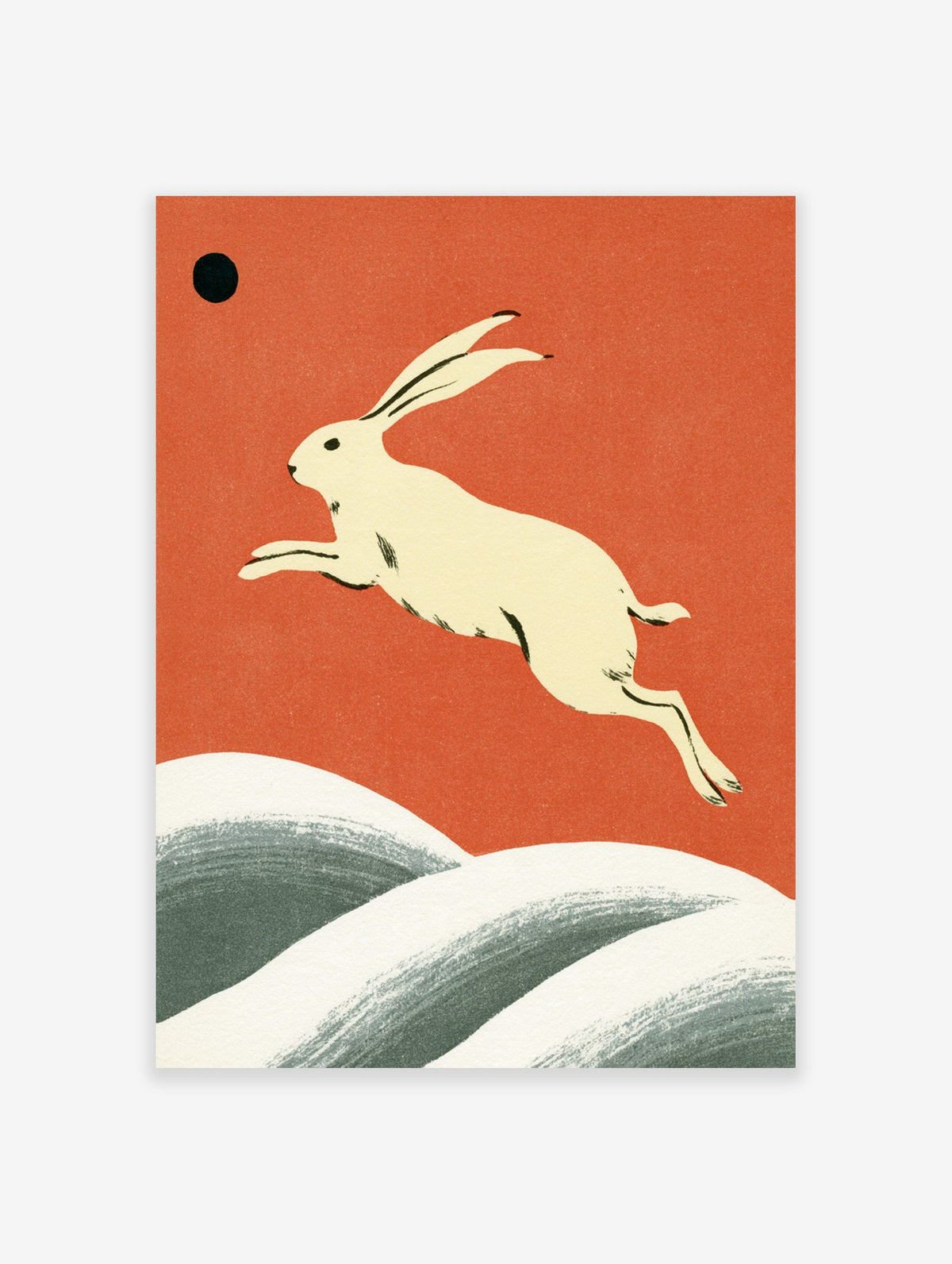 Minimalist white hare jumping over grey hills against a solid orange background with a black sun art print