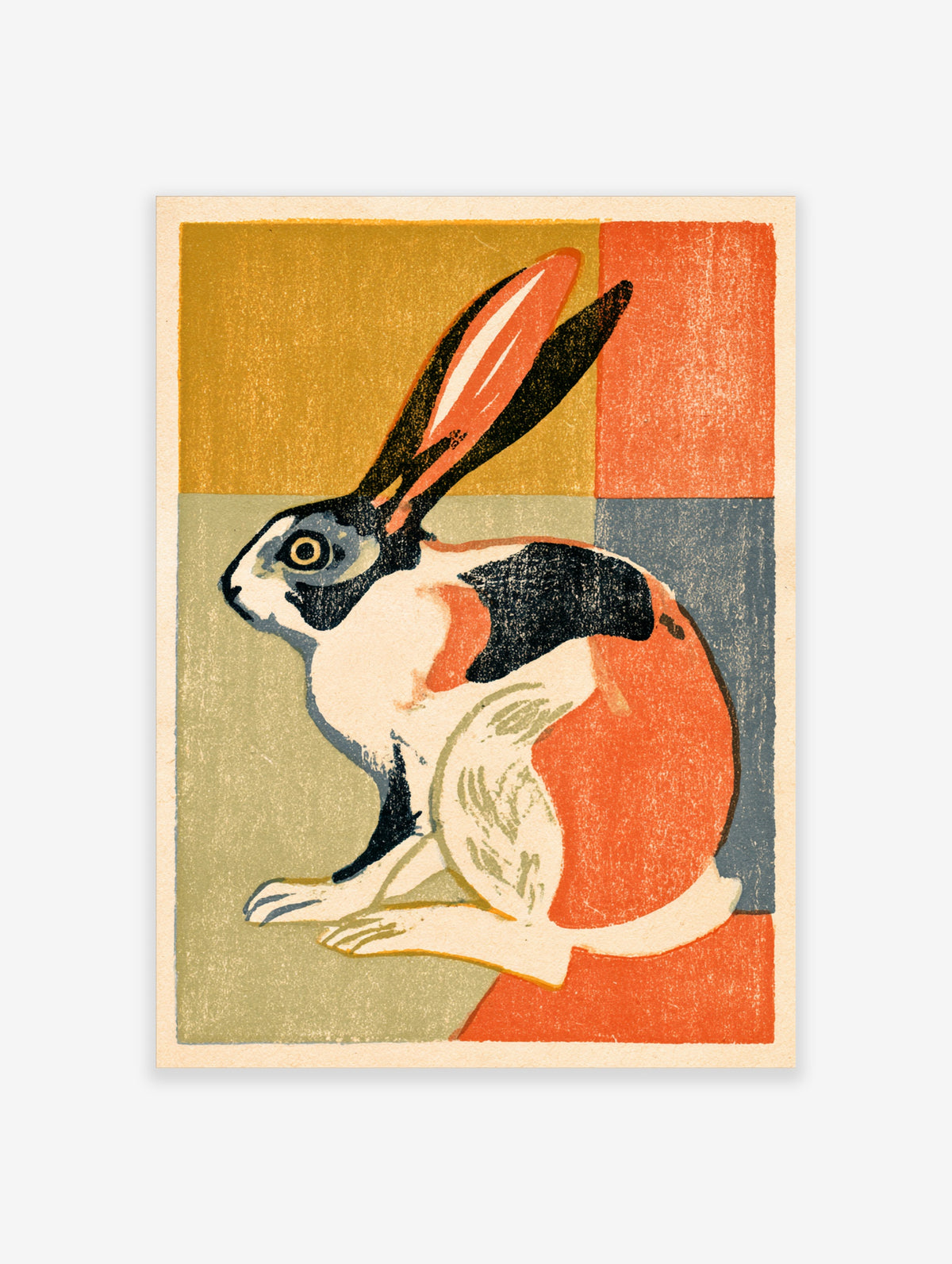 Modern hare art print with seated rabbit in black, white and orange against colour blocks