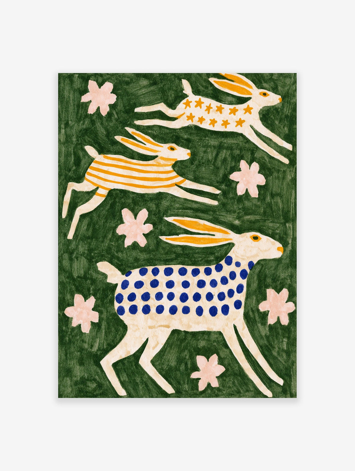 Illustration of three leaping rabbits with star, stripe, and dot patterns on a green background with pink flowers