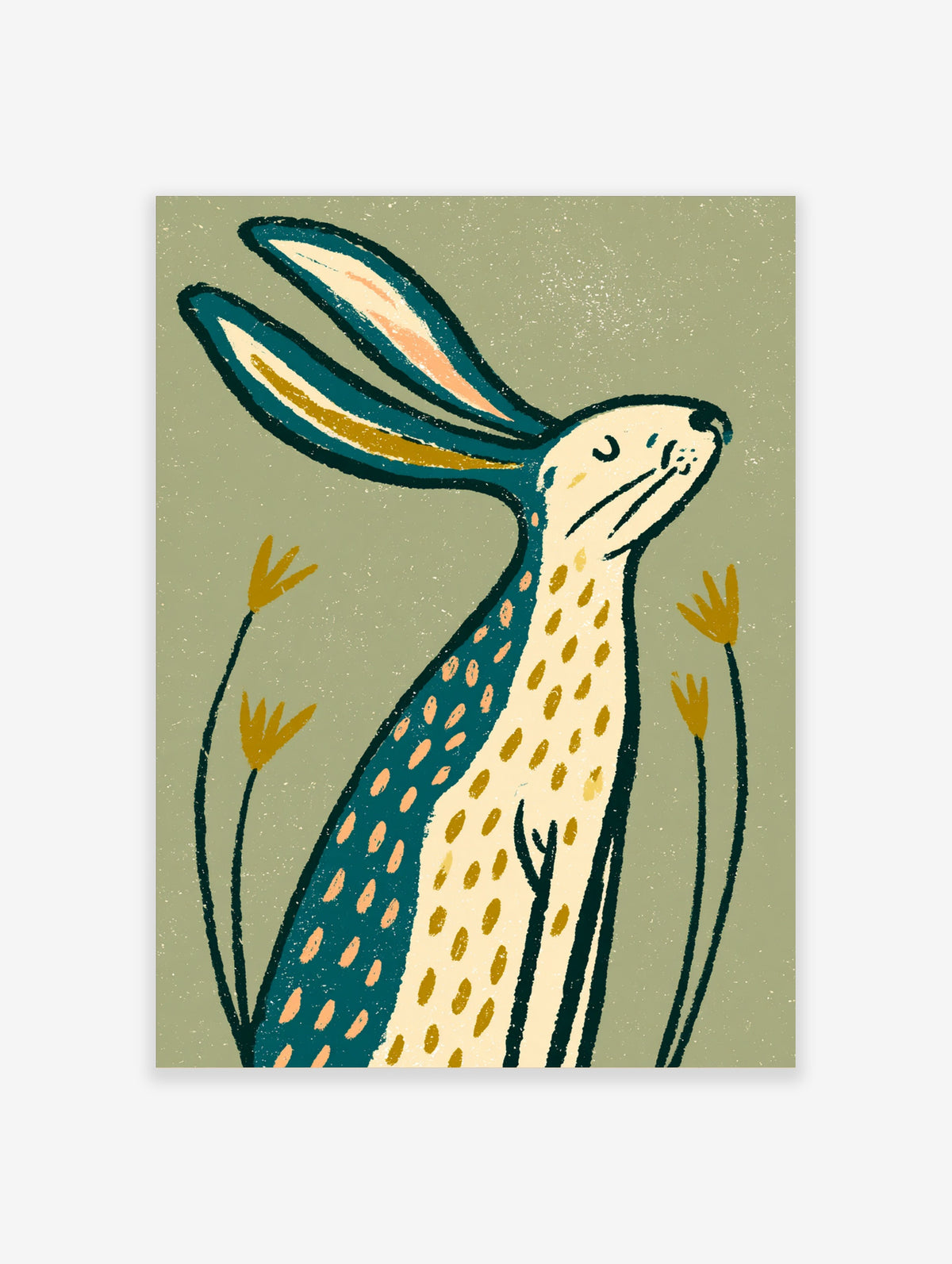 Stylised hare with teal and cream dotted coat on green background, illustrated animal poster