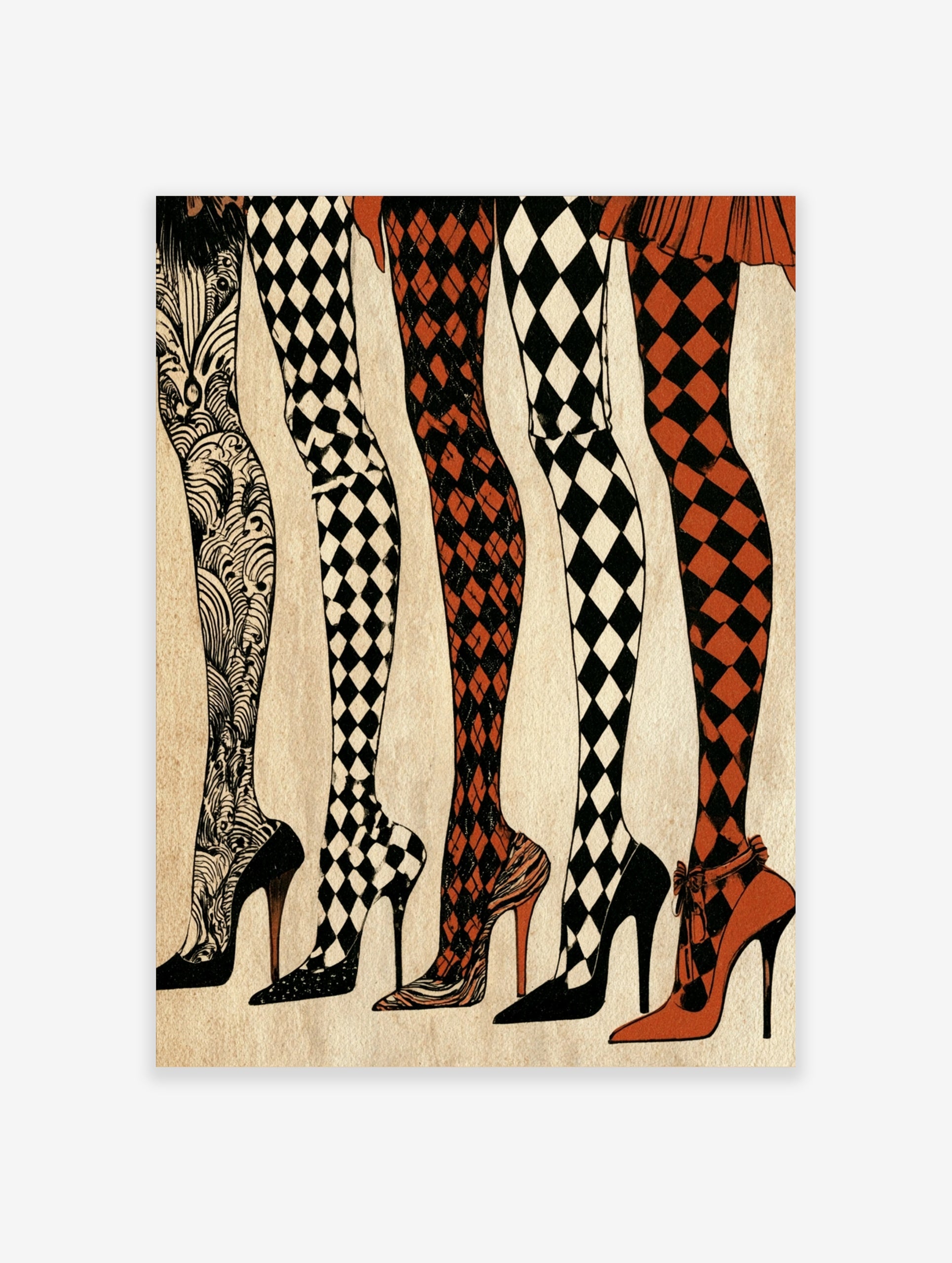 Illustration of five legs in patterned hosiery and high heels, including diamond and swirling designs on satin paper