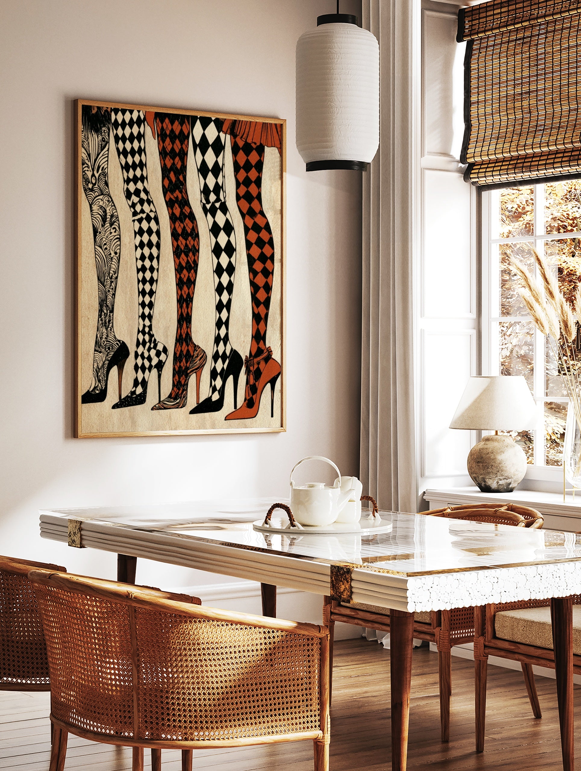Illustration of five legs in patterned hosiery and high heels, including diamond and swirling, in a styled room mockup