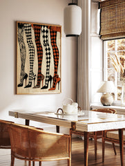 Illustration of five legs in patterned hosiery and high heels, including diamond and swirling, in a styled room mockup