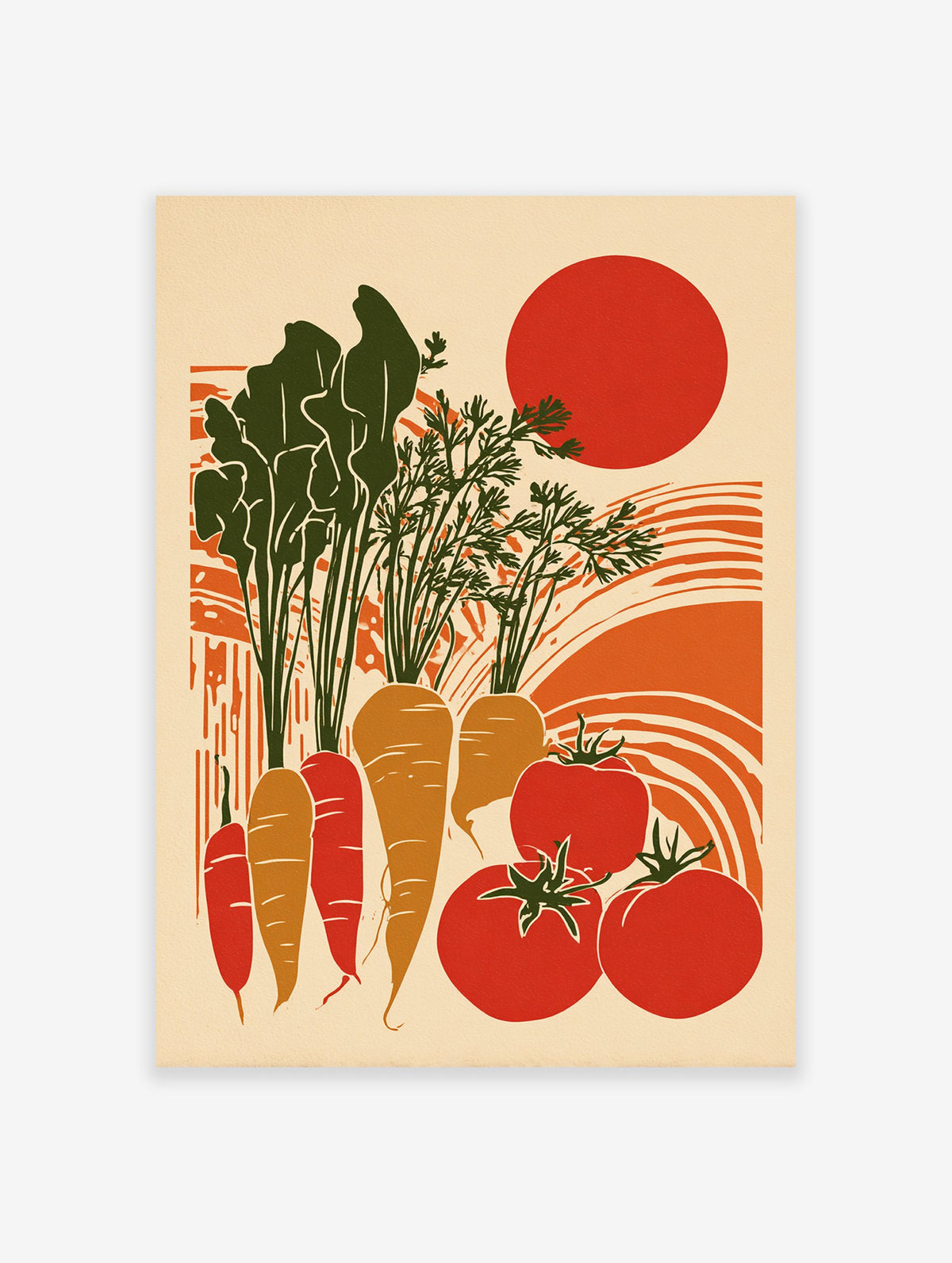 Harvest Garden Poster featuring illustrated carrots, tomatoes, and a sun in a retro style with green, orange, and red colors.