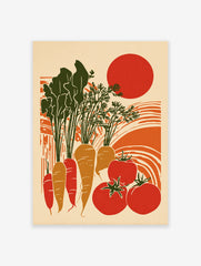 Harvest Garden Poster featuring illustrated carrots, tomatoes, and a sun in a retro style with green, orange, and red colors.