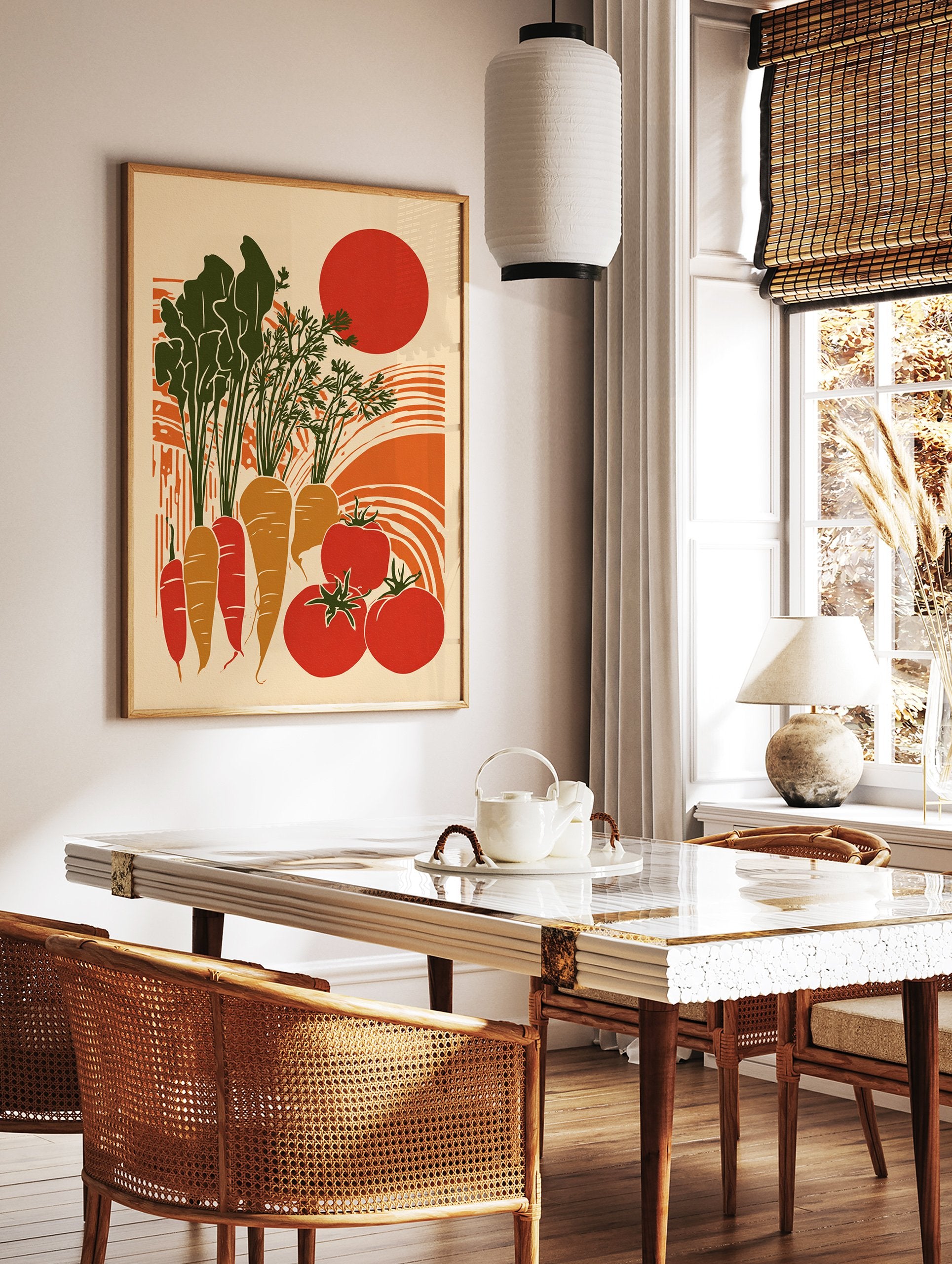 Harvest Garden Poster featuring illustrated carrots, tomatoes, and a sun in a retro style with green, orange, and red colors. - Image 2