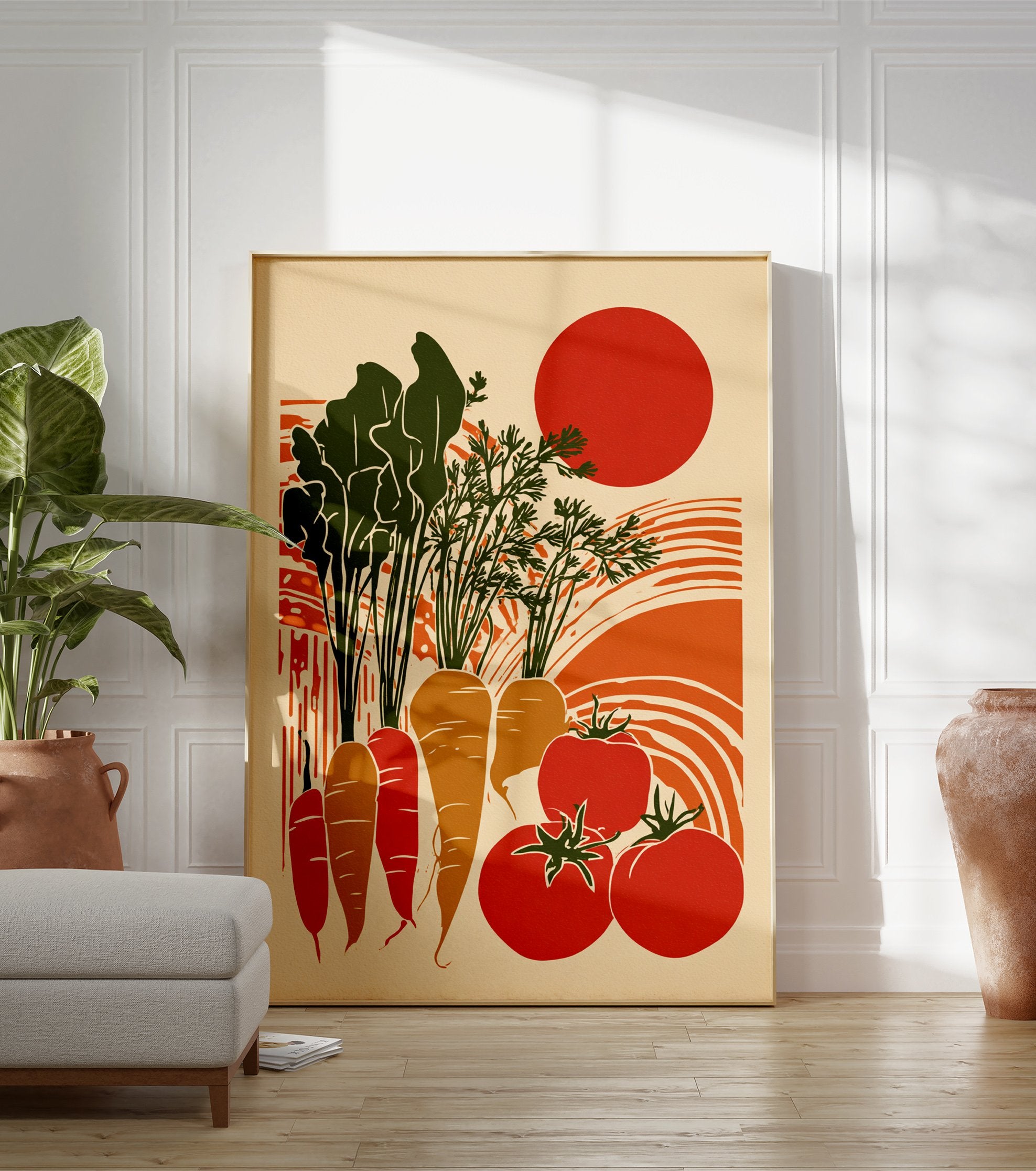 Harvest Garden Poster featuring illustrated carrots, tomatoes, and a sun in a retro style with green, orange, and red colors. - Image 3