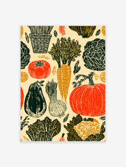 Illustrated harvest vegetable poster featuring pumpkins, carrots, tomatoes, cabbage, eggplant, and onions in a rustic style.