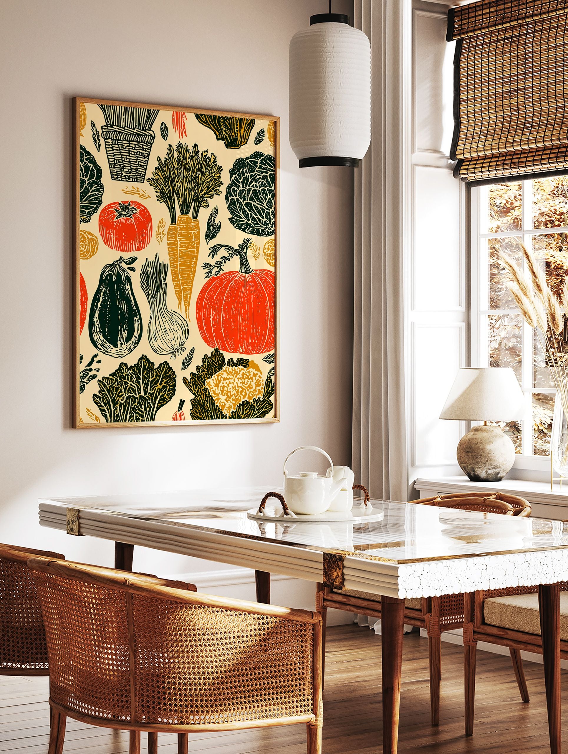 Illustrated harvest vegetable poster featuring pumpkins, carrots, tomatoes, cabbage, eggplant, and onions in a rustic style. - Image 2