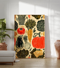 Illustrated harvest vegetable poster featuring pumpkins, carrots, tomatoes, cabbage, eggplant, and onions in a rustic style. - Image 3