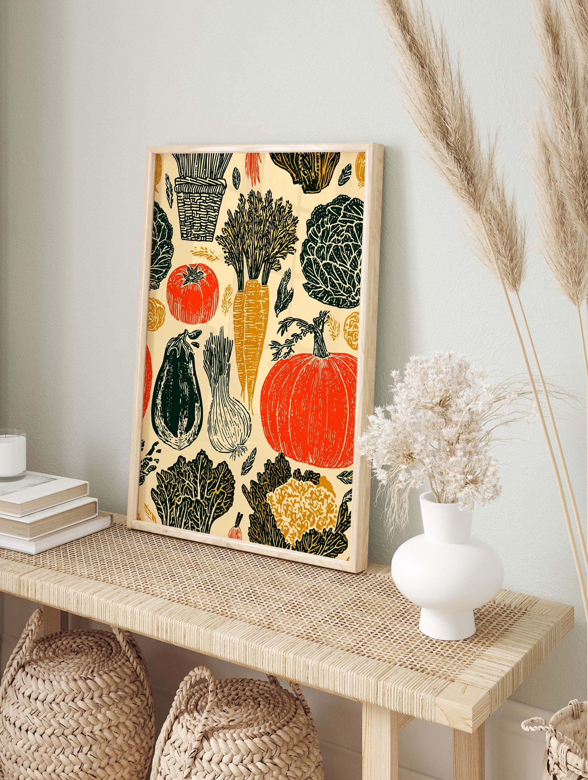 Illustrated harvest vegetable poster featuring pumpkins, carrots, tomatoes, cabbage, eggplant, and onions in a rustic style. - Image 4