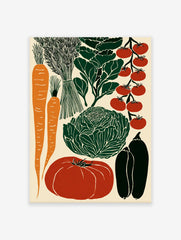 Harvest Vegetable poster featuring carrots, tomatoes, cabbage, and peppers in a modern botanical illustration style.