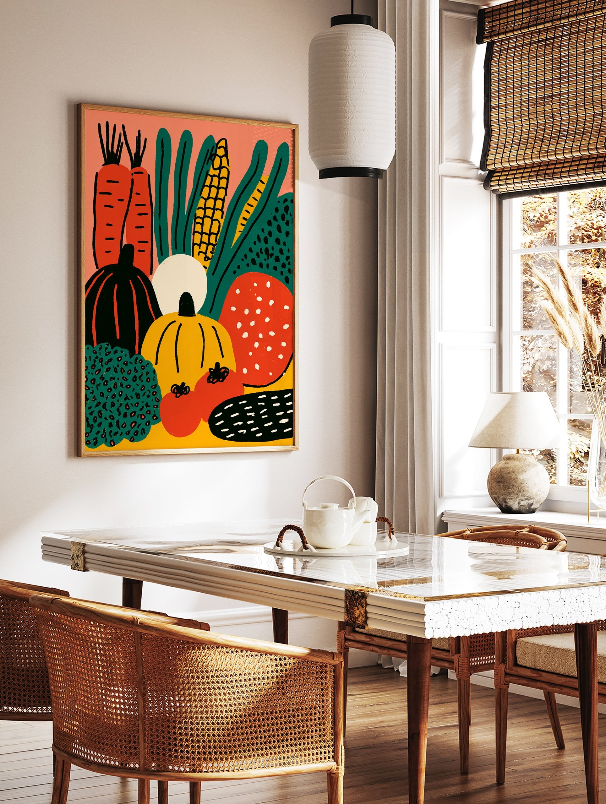 Vibrant harvest vegetable poster illustration with carrots, corn, pumpkins, tomatoes, and leafy greens on an orange background. - Image 2