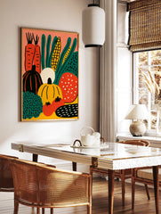 Vibrant harvest vegetable poster illustration with carrots, corn, pumpkins, tomatoes, and leafy greens on an orange background. - Image 2