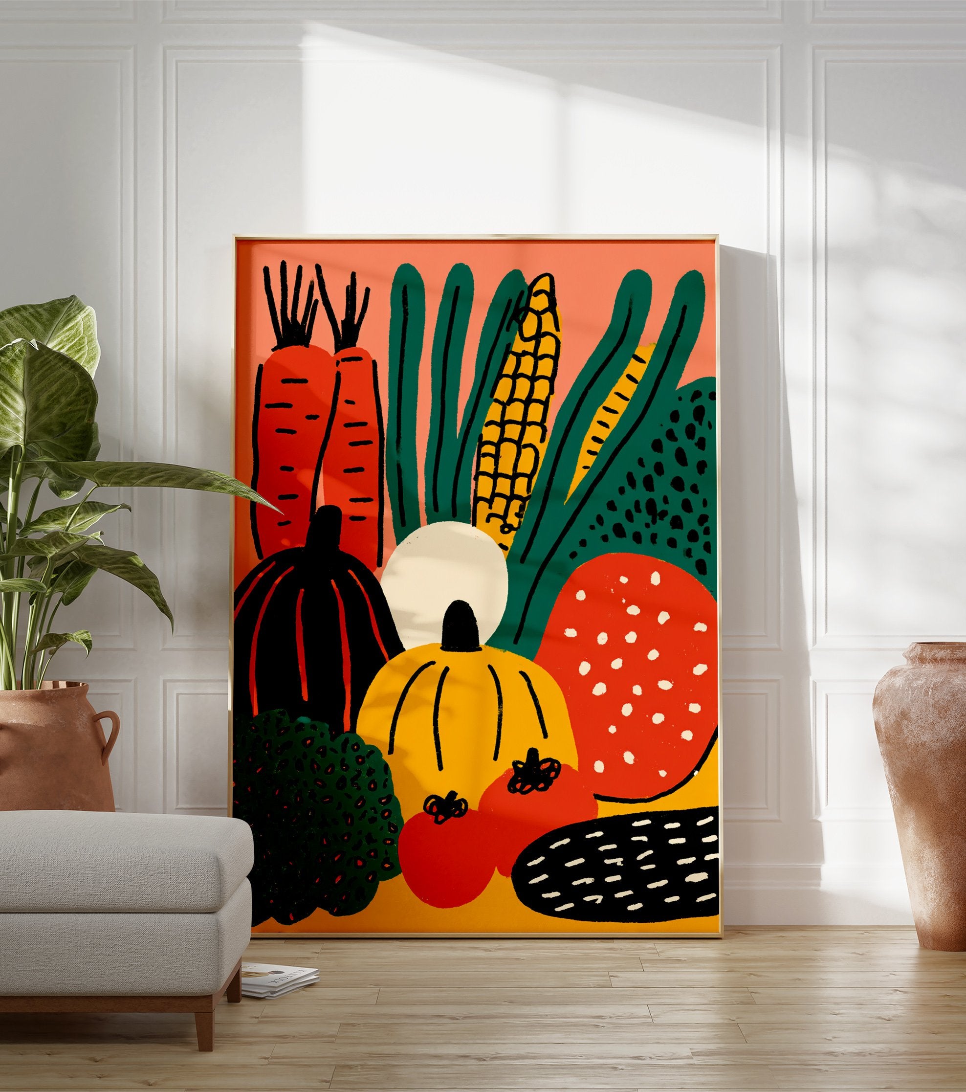 Vibrant harvest vegetable poster illustration with carrots, corn, pumpkins, tomatoes, and leafy greens on an orange background. - Image 3