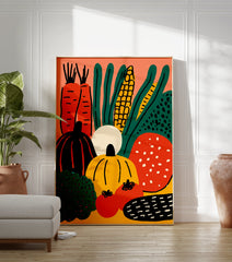 Vibrant harvest vegetable poster illustration with carrots, corn, pumpkins, tomatoes, and leafy greens on an orange background. - Image 3