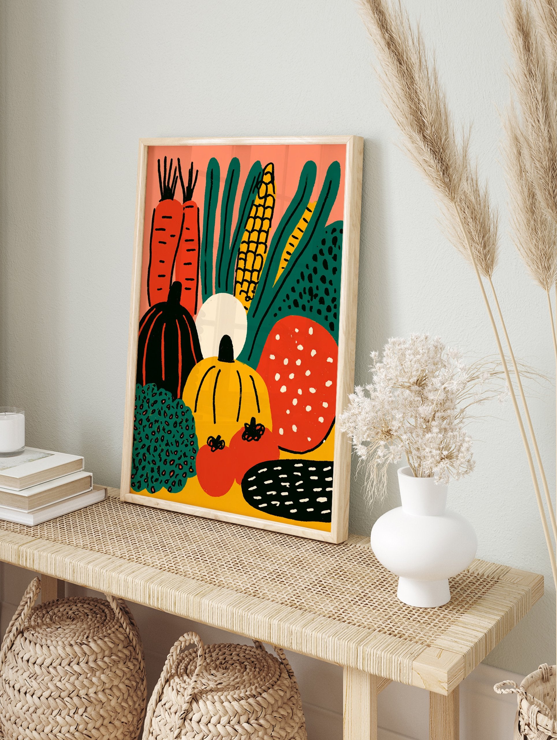 Vibrant harvest vegetable poster illustration with carrots, corn, pumpkins, tomatoes, and leafy greens on an orange background. - Image 4