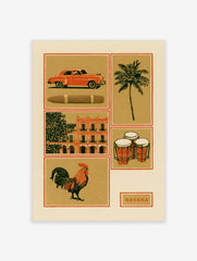 Vintage style Havana travel poster illustration featuring a red car, cigar, bongo drums, and building on tan background