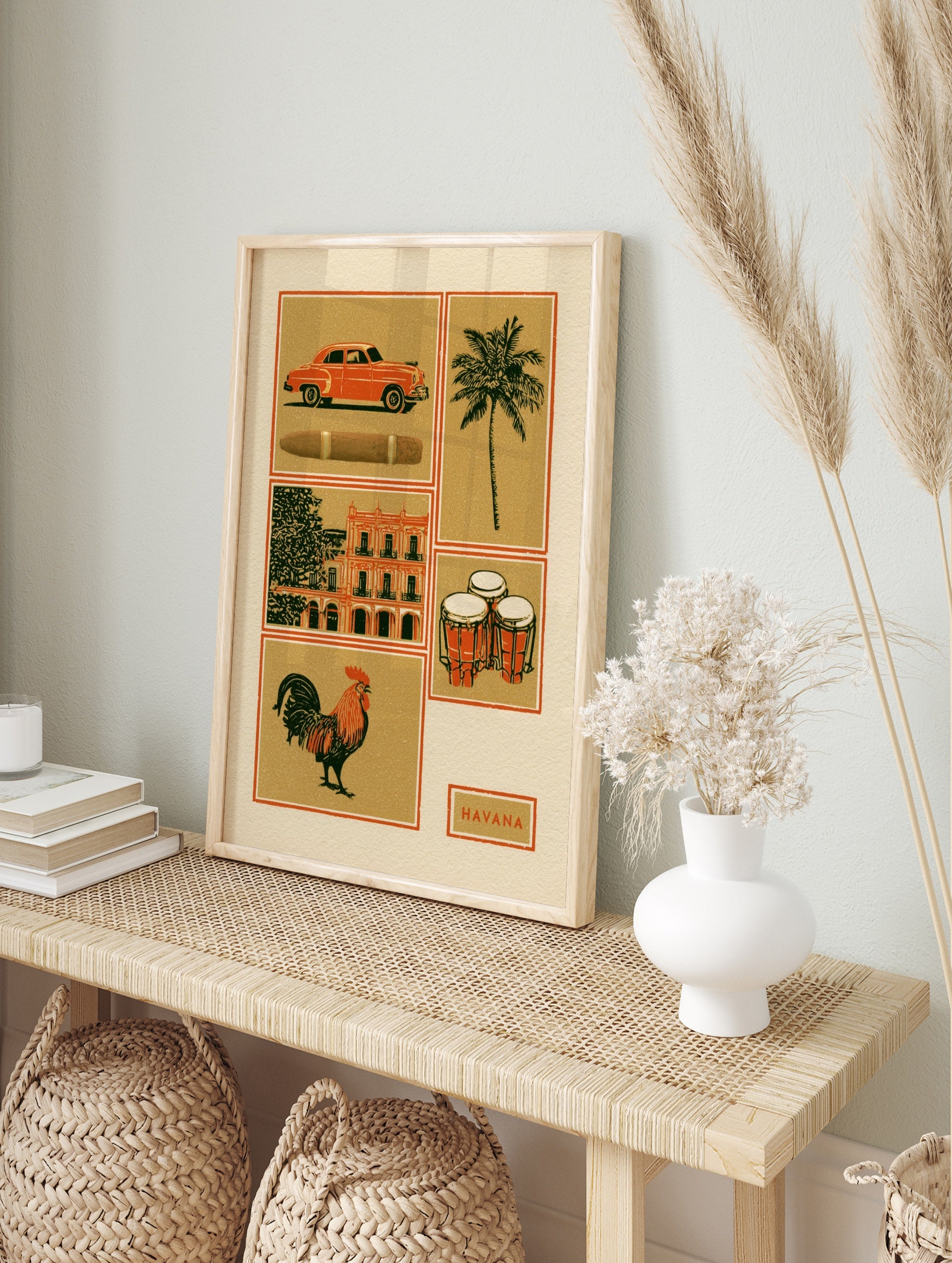 Vintage style Havana travel poster illustration featuring a red car, cigar, bongo drums, and, in an alternate framed mockup