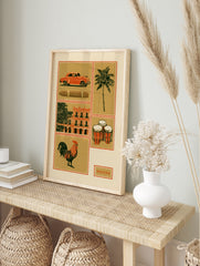 Vintage style Havana travel poster illustration featuring a red car, cigar, bongo drums, and, in an alternate framed mockup