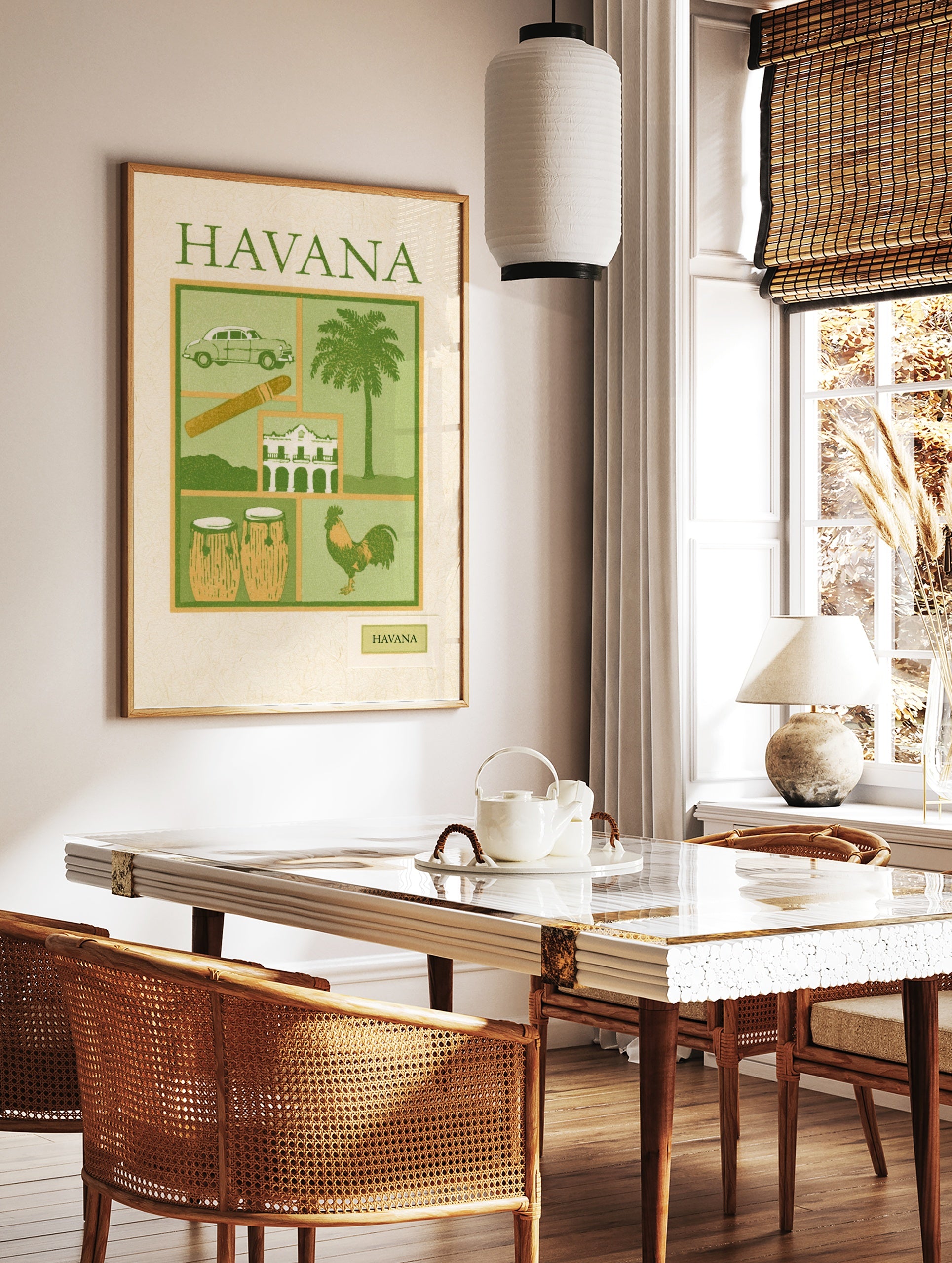 Havana travel poster with vintage car, cigar, building, drums, and rooster in a green and tan, in a styled room mockup