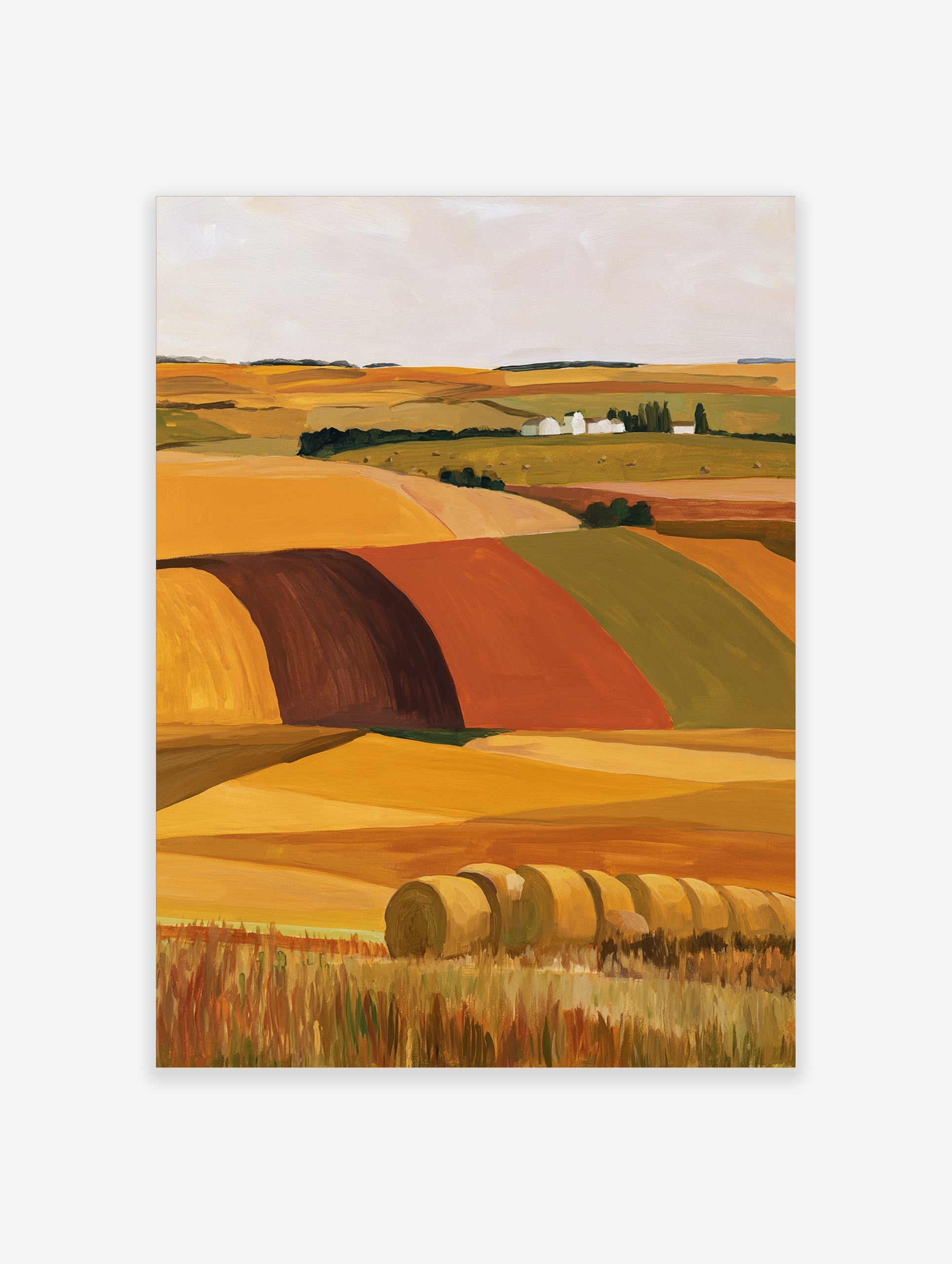 Illustrative landscape wall art of golden hay bales in a field with a distant farmstead and rolling hills