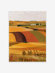 Illustrative landscape wall art of golden hay bales in a field with a distant farmstead and rolling hills