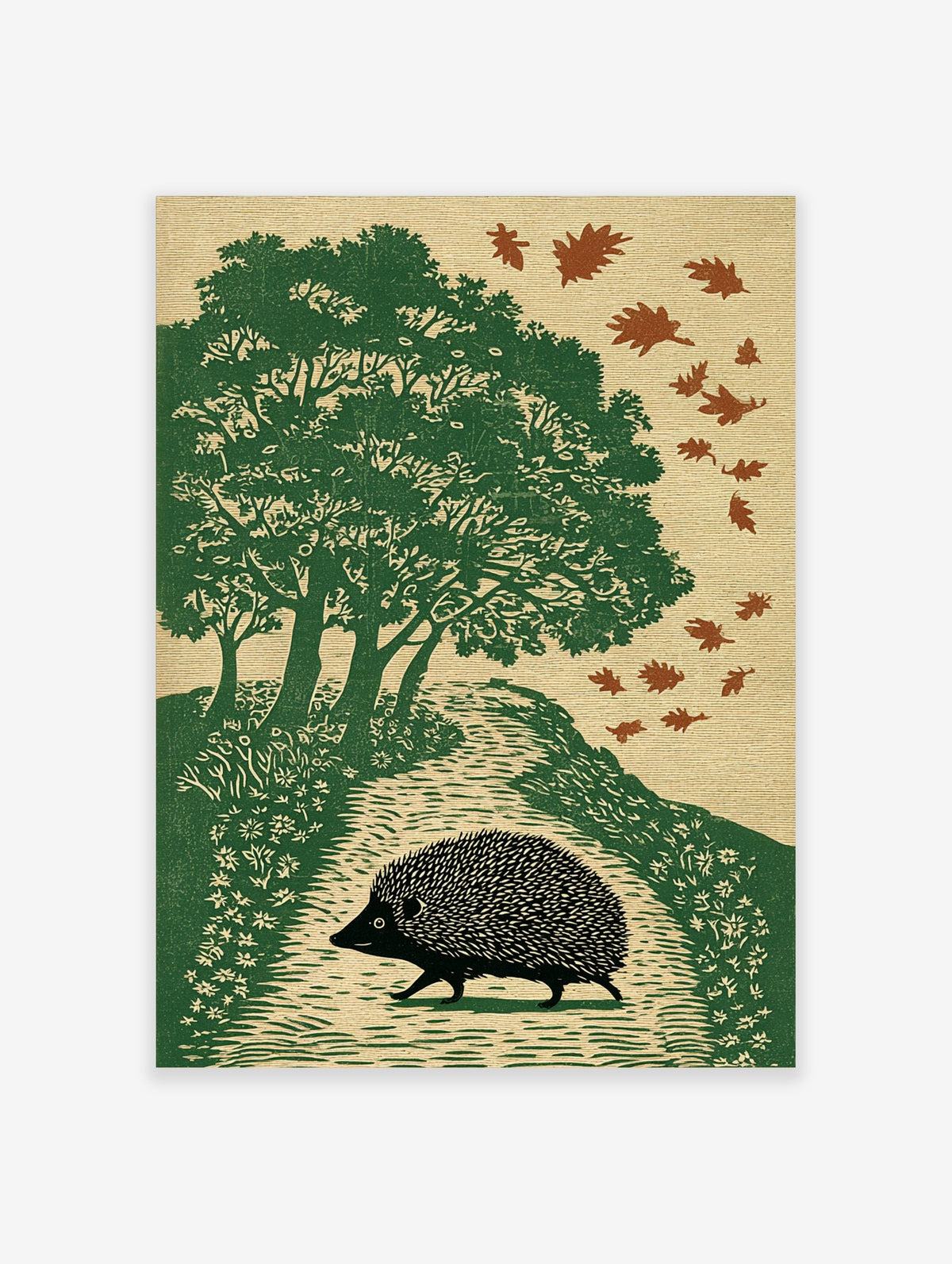 Illustrative print of a black hedgehog walking on an autumn path with green trees and falling brown leaves