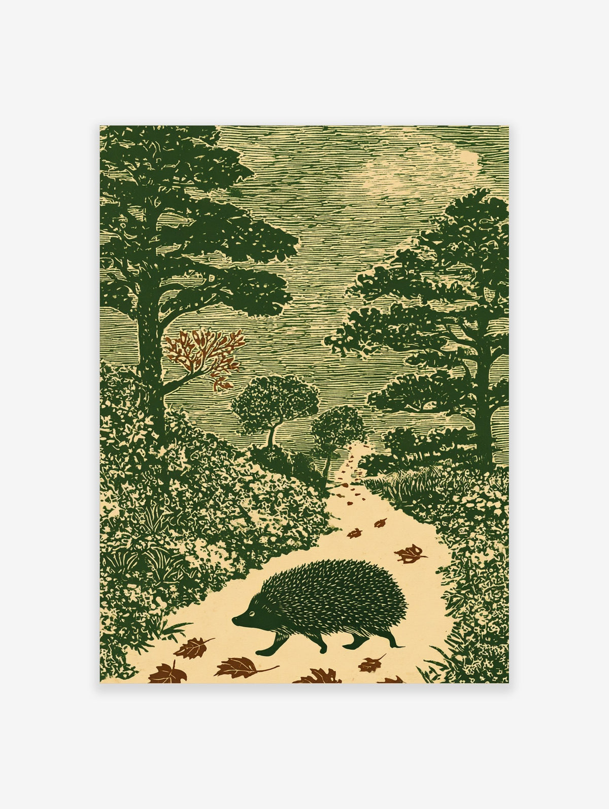 Hedgehog walking on an autumn forest path, surrounded by trees and leaves, in a green woodcut style