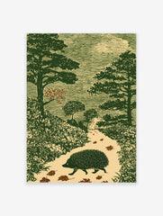 Hedgehog walking on an autumn forest path, surrounded by trees and leaves, in a green woodcut style