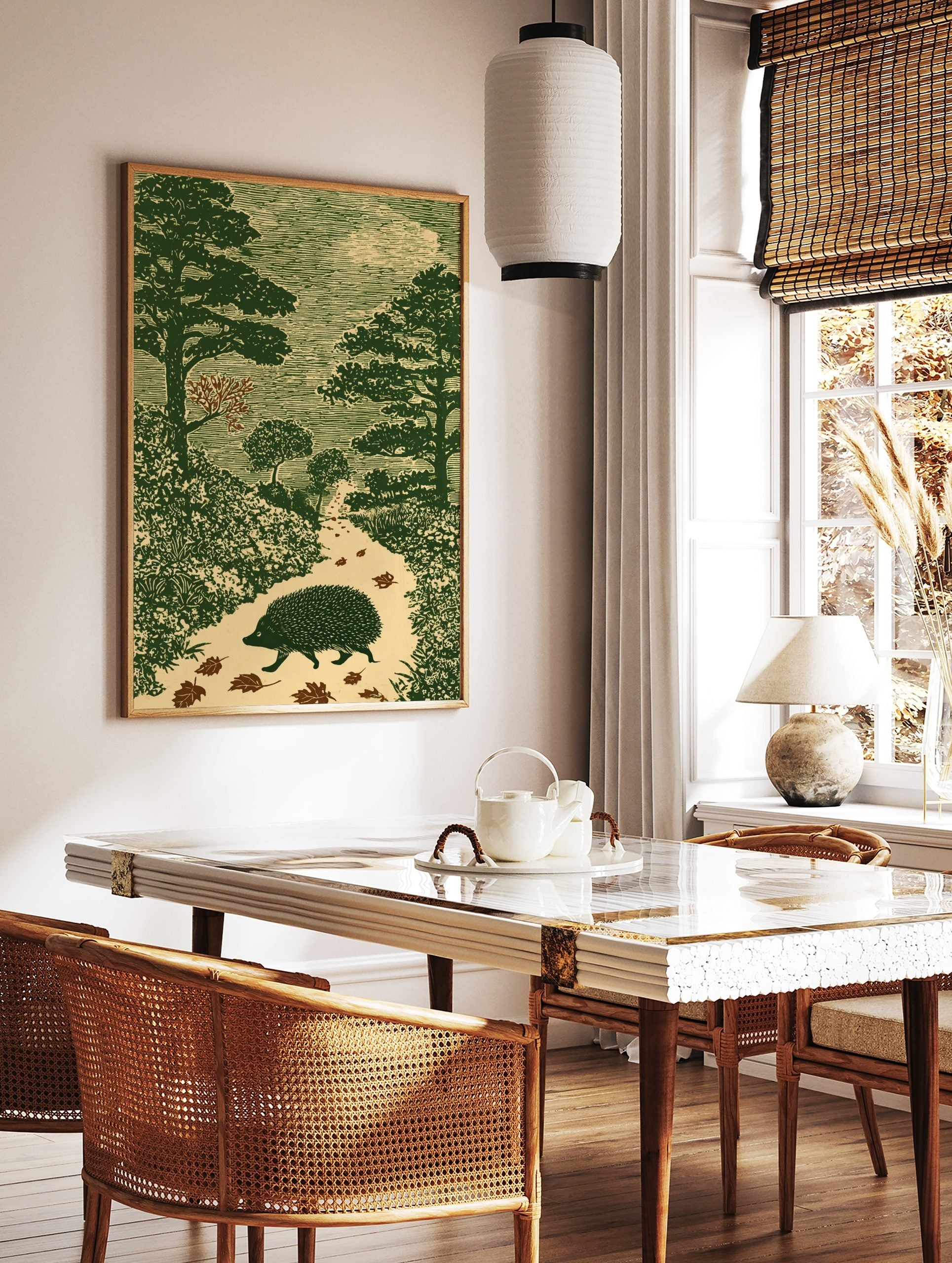 Hedgehog walking on an autumn forest path, surrounded by trees and leaves, in a green woodcut style, in a styled room mockup