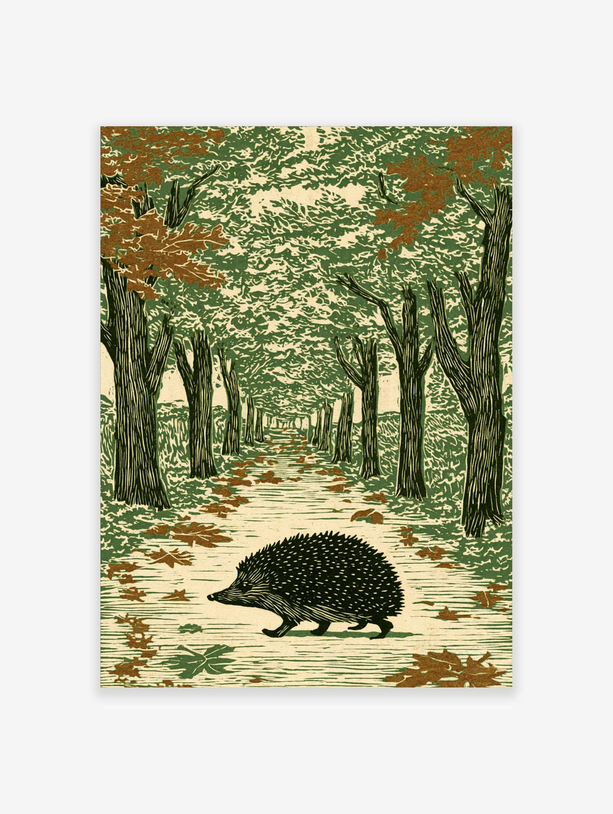 Woodcut style print of a hedgehog on a forest path with tall trees and green and brown leaves