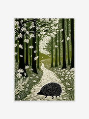 Linocut-style art print of a hedgehog on a winding path through a green forest with falling leaves