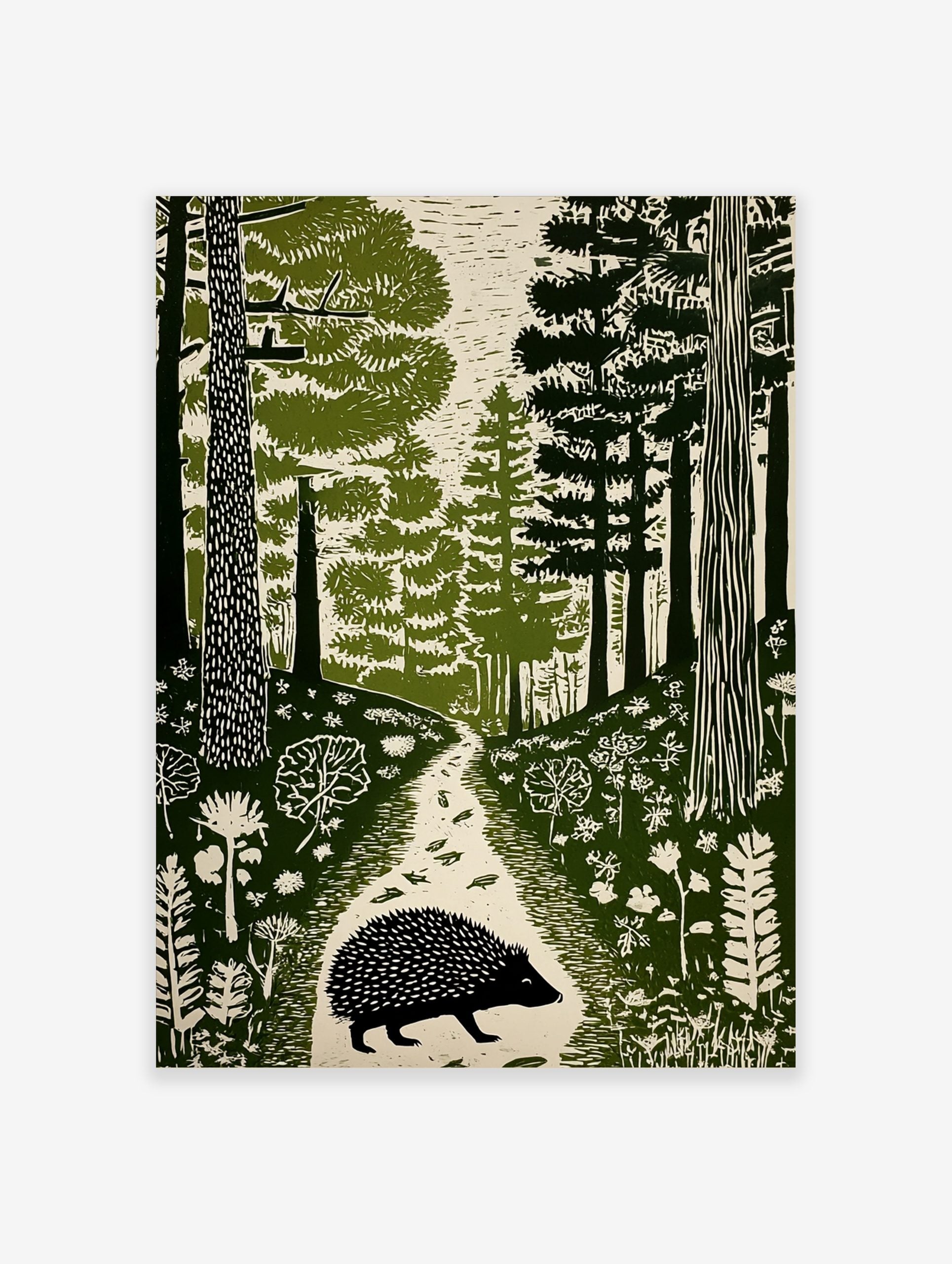 Hedgehog walking on a forest path, surrounded by trees and foliage in a green linocut style print