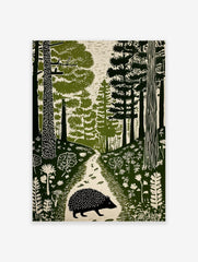 Hedgehog walking on a forest path, surrounded by trees and foliage in a green linocut style print