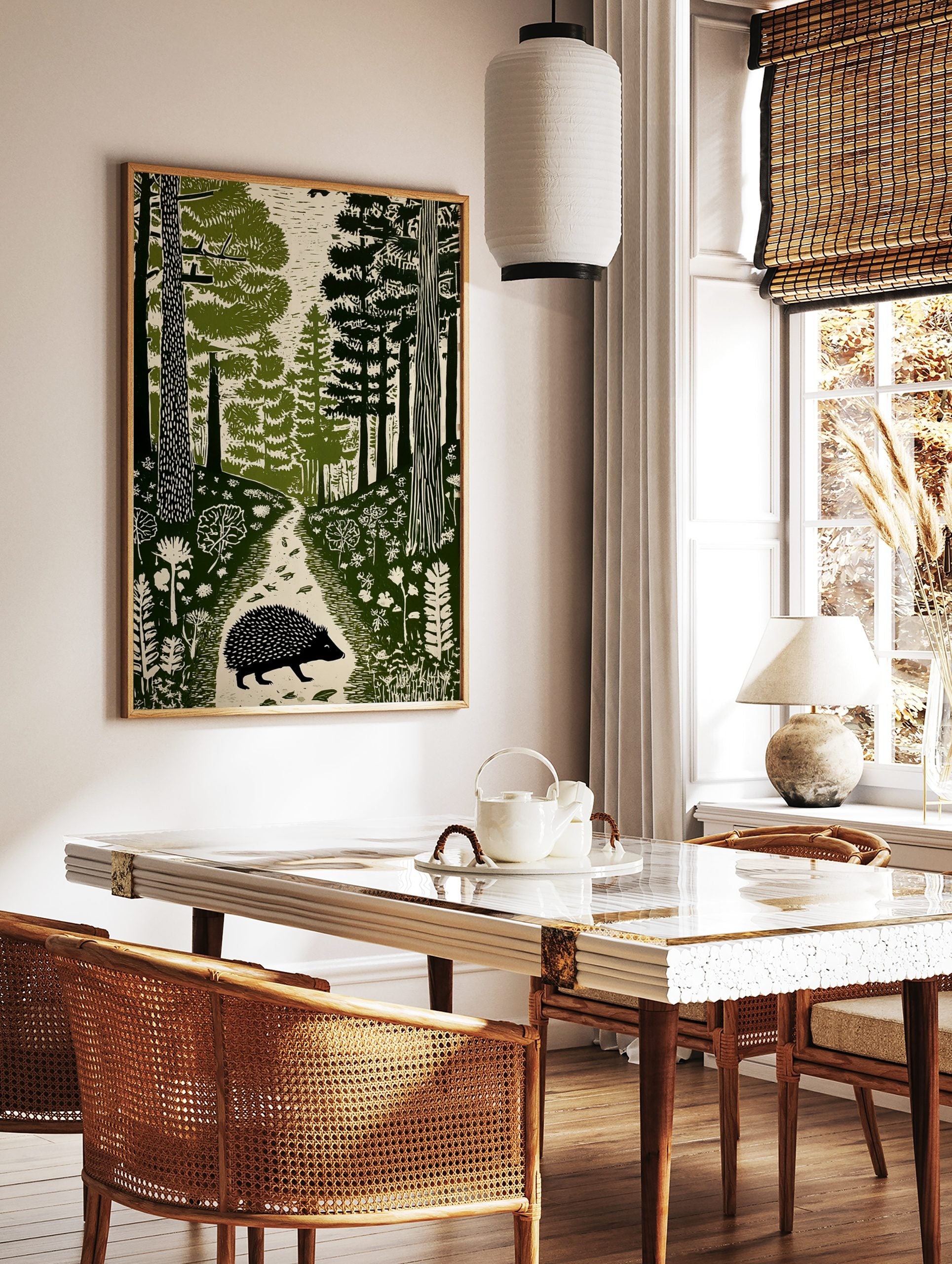 Hedgehog walking on a forest path, surrounded by trees and foliage in a green linocut style print, in a styled room mockup