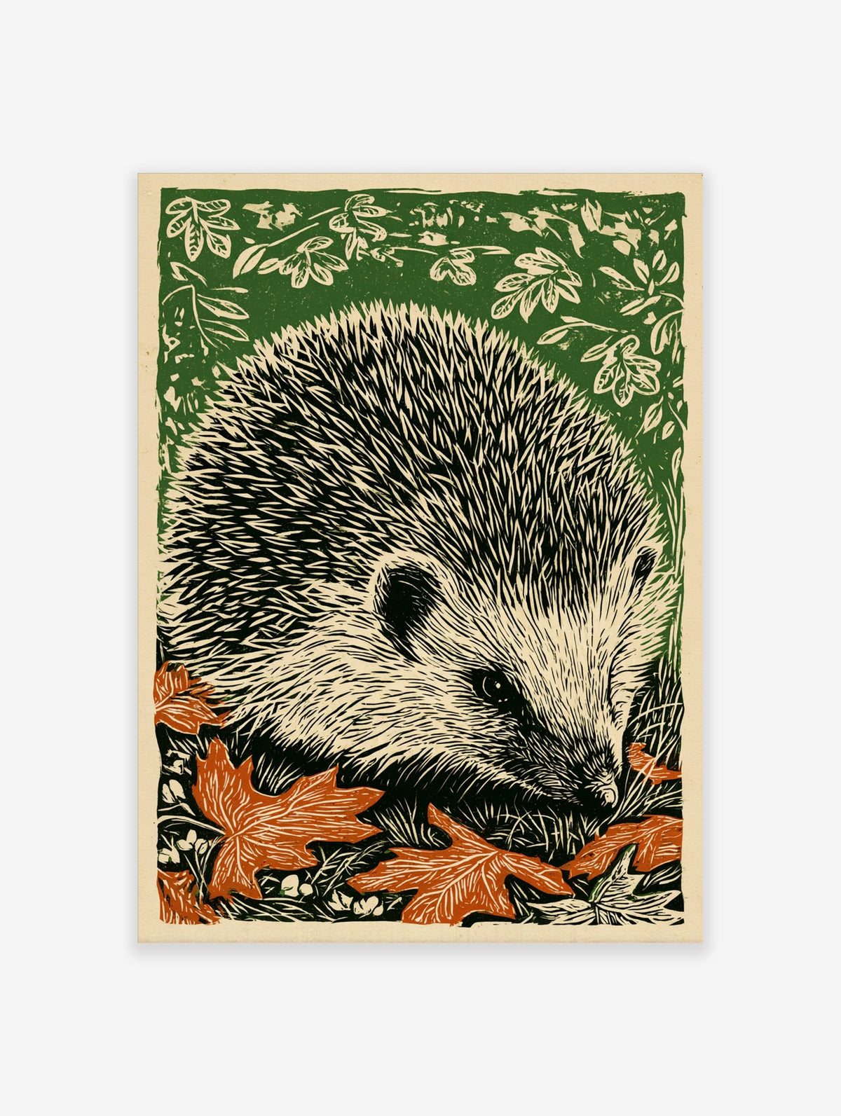 Woodcut style art print of a hedgehog amongst green foliage and orange autumn leaves, facing right