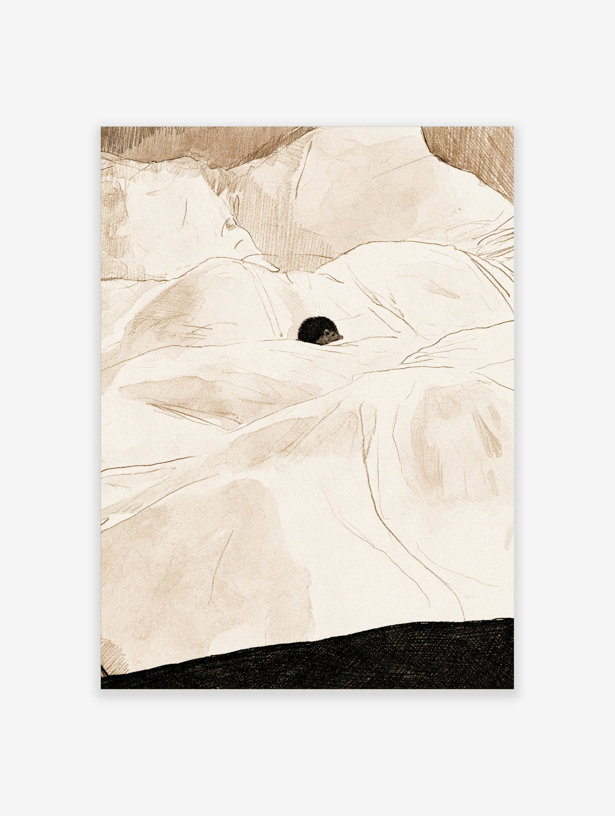 Hedgehog peeking from cream bedding pencil-style animal poster