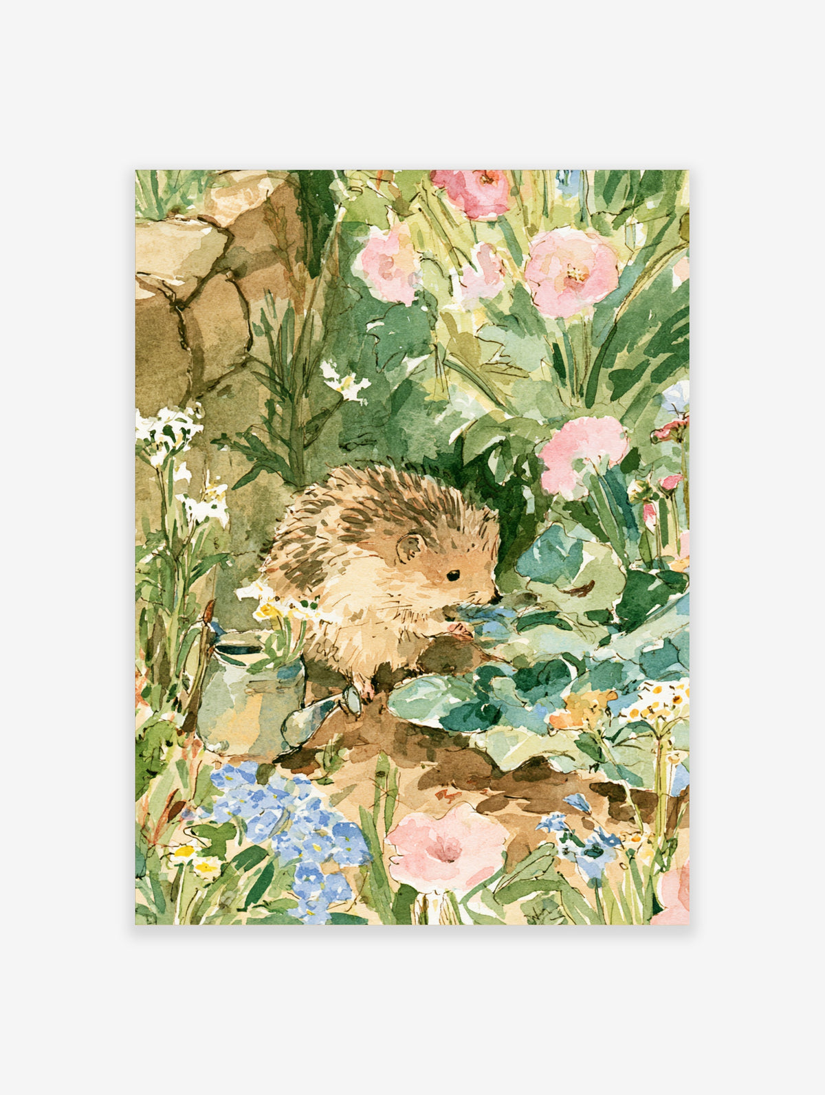 Watercolour hedgehog standing among pink flowers and blue forget-me-nots in a garden
